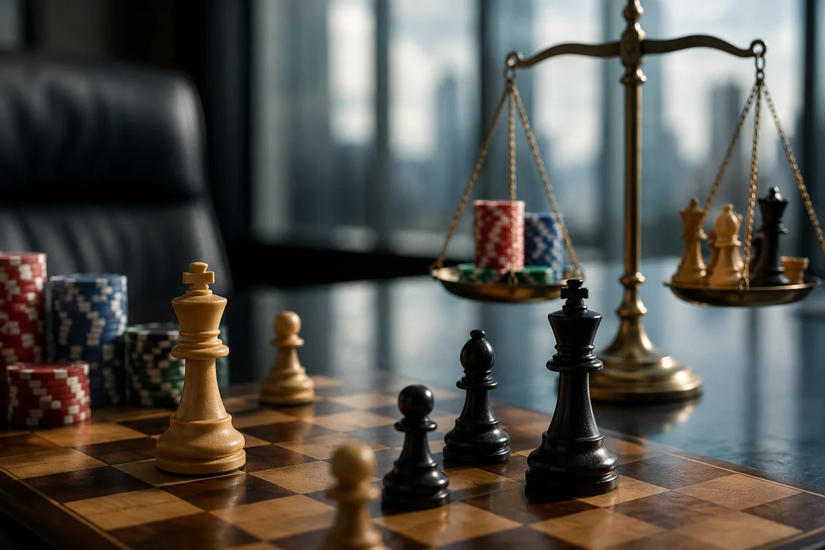 Chess pieces and casino chips weighed on a brass balance scale in a boardroom