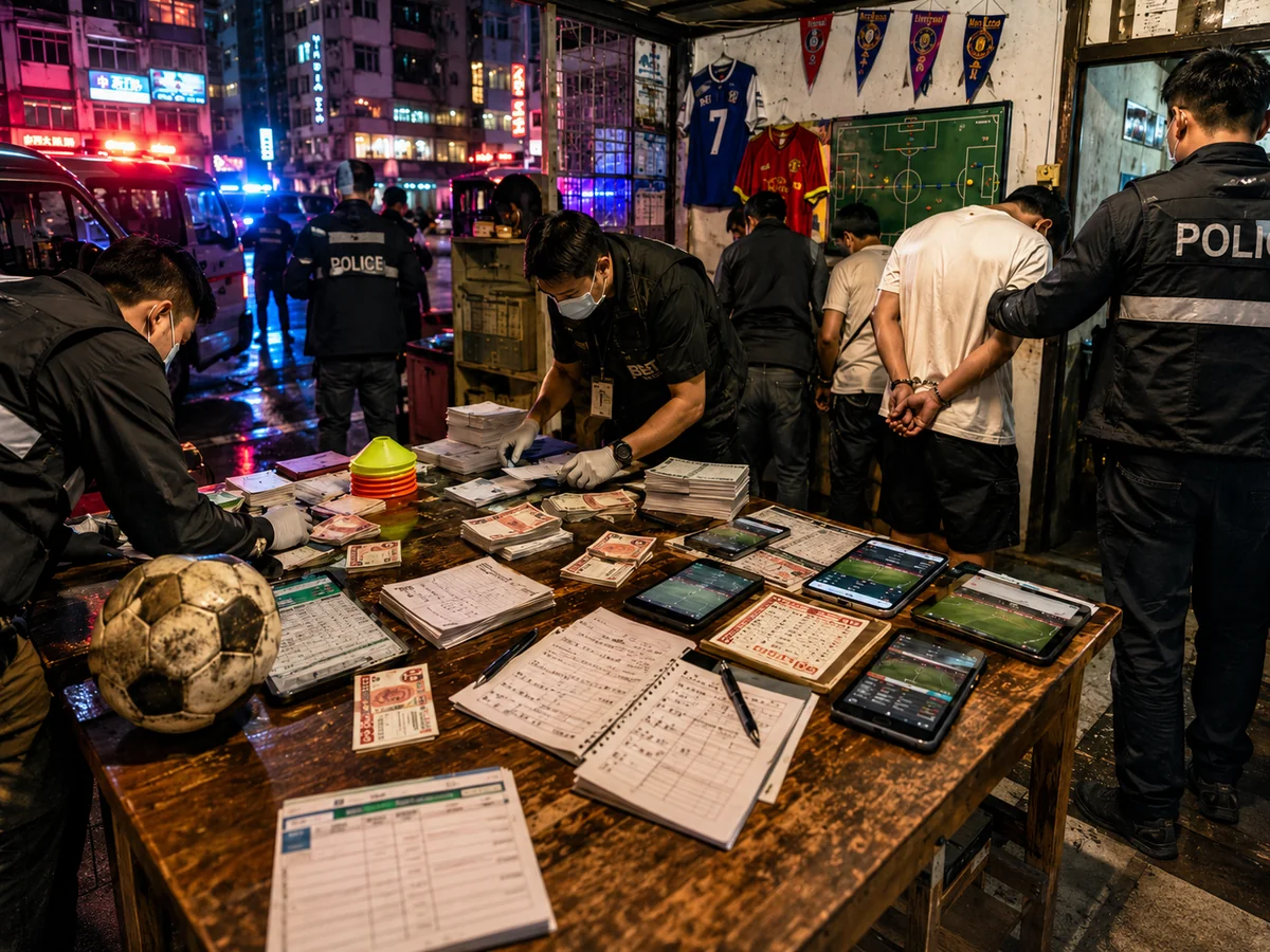 Hong Kong police sort seized betting slips, cash and phones during a raid on the football syndicate